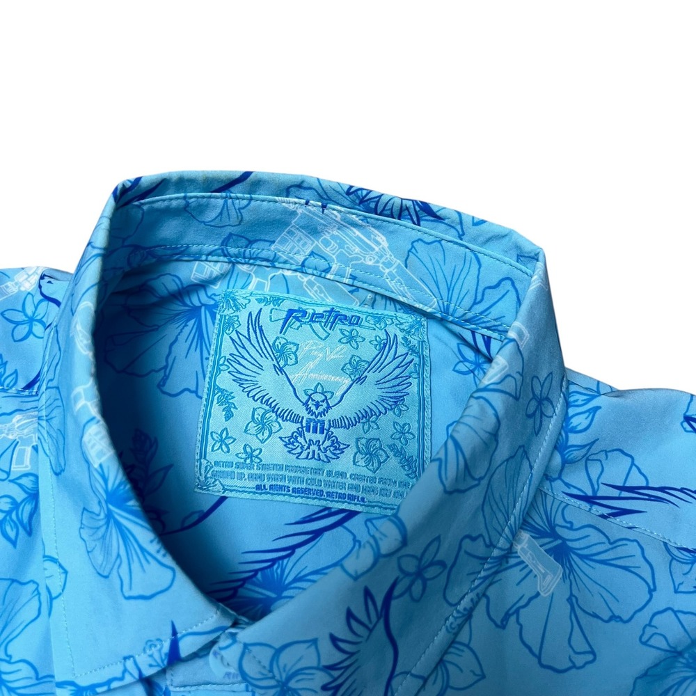 Retro Rifle Mens Blue Eagle Rifle Hibiscus Short Sleeve Button Down Shirt Large - Picture 4 of 7